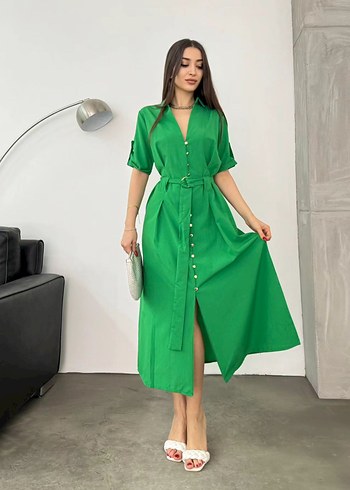 Kadın Yeşil Kemerli Uzun Elbise - Görsel 2