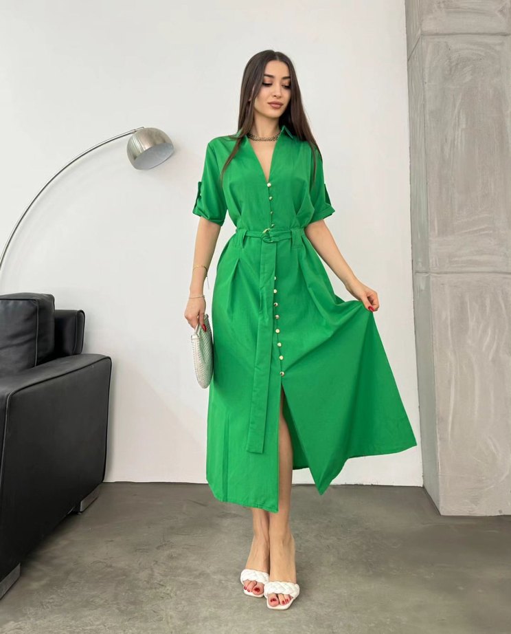 Kadın Yeşil Kemerli Uzun Elbise - Görsel 2