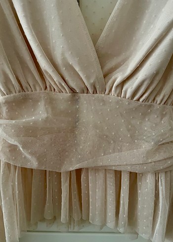 Bej V Yaka Pilili Tül Bluz - Görsel 4