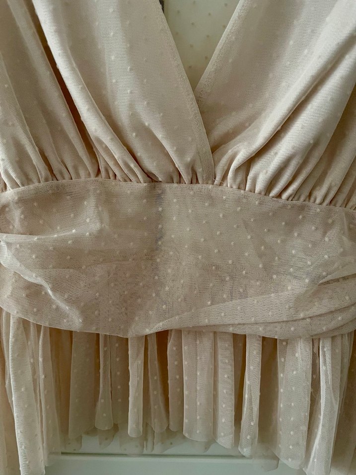 Bej V Yaka Pilili Tül Bluz - Görsel 4