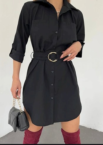 Siyah Kemerli Midi boy Gömlek Elbise - Görsel 2