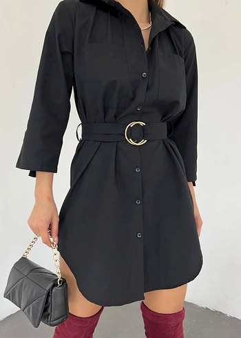 Siyah Kemerli Midi boy Gömlek Elbise - Görsel 3