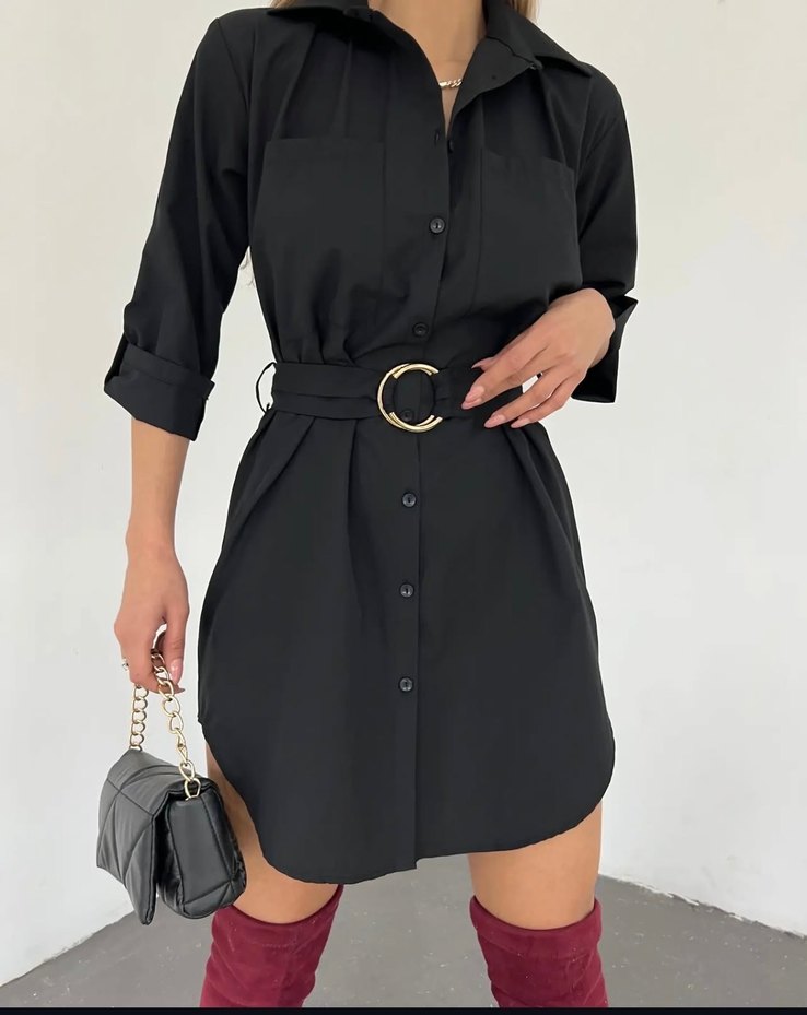 Siyah Kemerli Midi boy Gömlek Elbise - Görsel 2