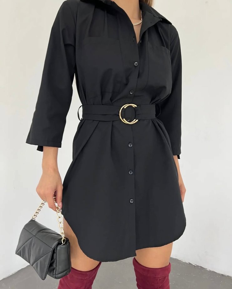 Siyah Kemerli Midi boy Gömlek Elbise - Görsel 3