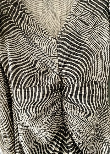 V Yaka Drapeli Zebra Desenli Simli İpli Uzun Elbise - Görsel 6