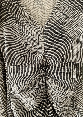 V Yaka Drapeli Zebra Desenli Simli İpli Uzun Elbise - Görsel 7