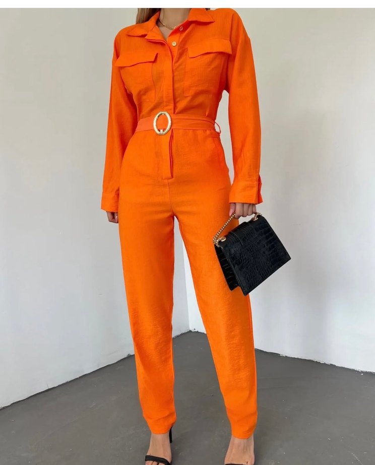 Turuncu Kemerli Kadın Tulum - Görsel 2