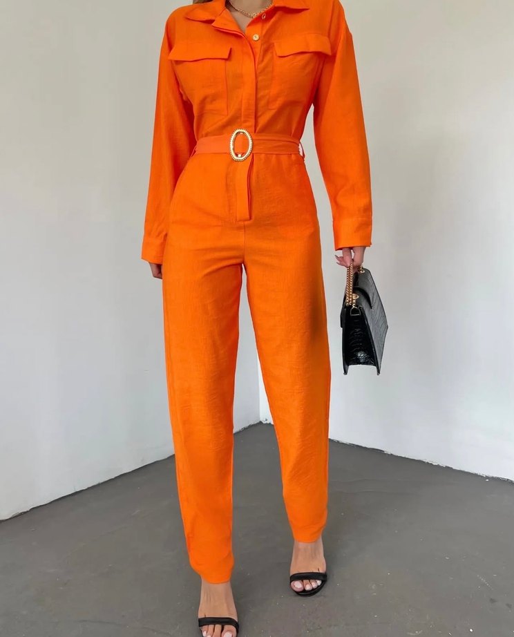 Turuncu Kemerli Kadın Tulum - Görsel 3