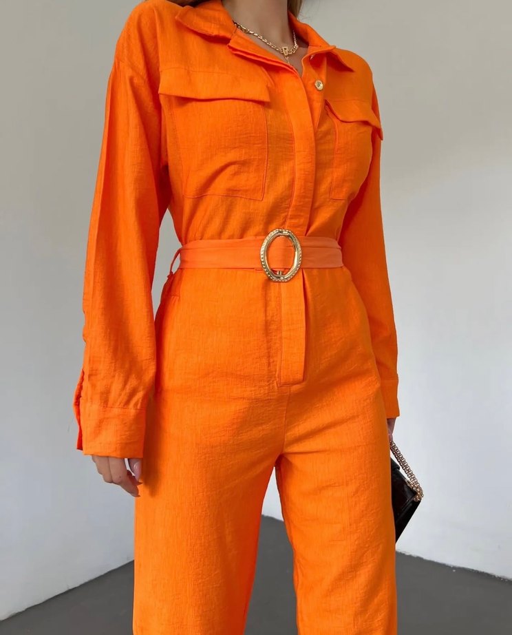 Turuncu Kemerli Kadın Tulum - Görsel 5