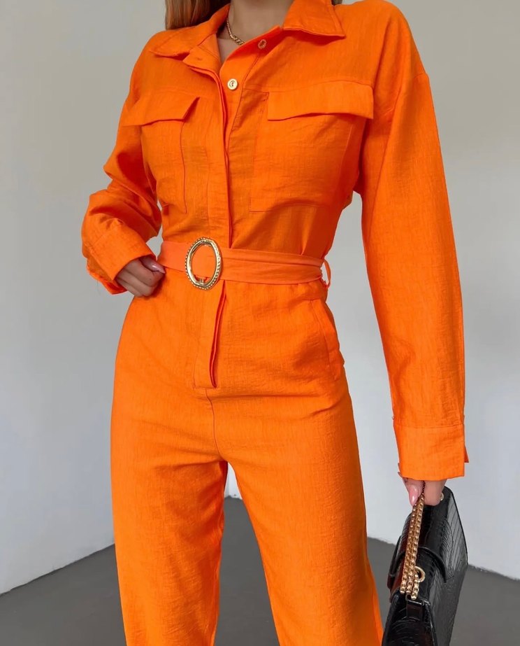 Turuncu Kemerli Kadın Tulum - Görsel 4