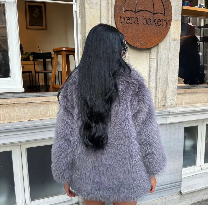 Gri Kadın Kürk Detaylı Midi Mont - Görsel 2