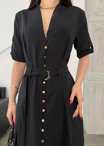 Siyah Kuşaklı Uzun Kadın Elbise - Görsel 3