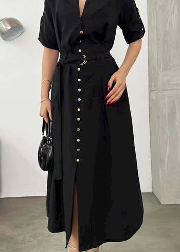 Siyah Kuşaklı Uzun Kadın Elbise - Görsel 2