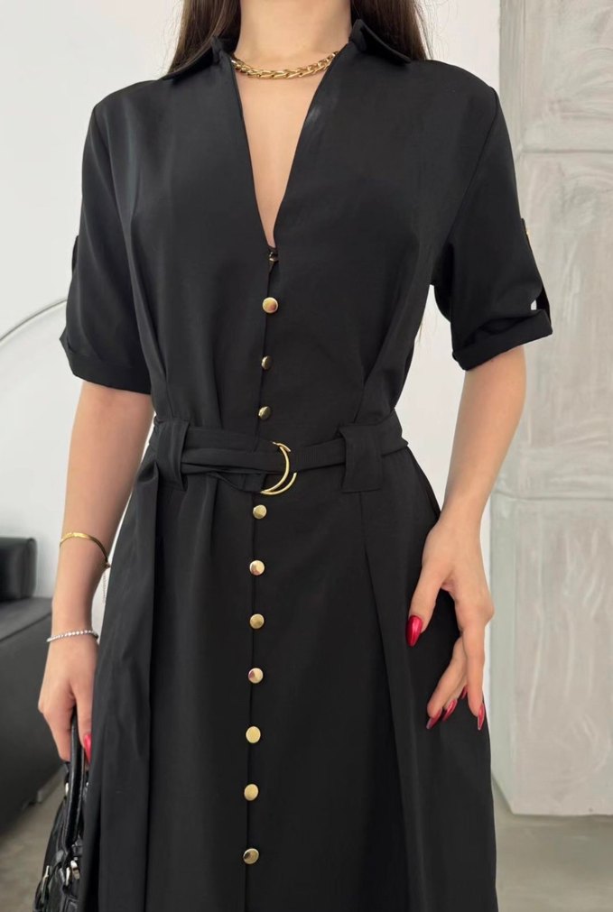 Siyah Kuşaklı Uzun Kadın Elbise - Görsel 3