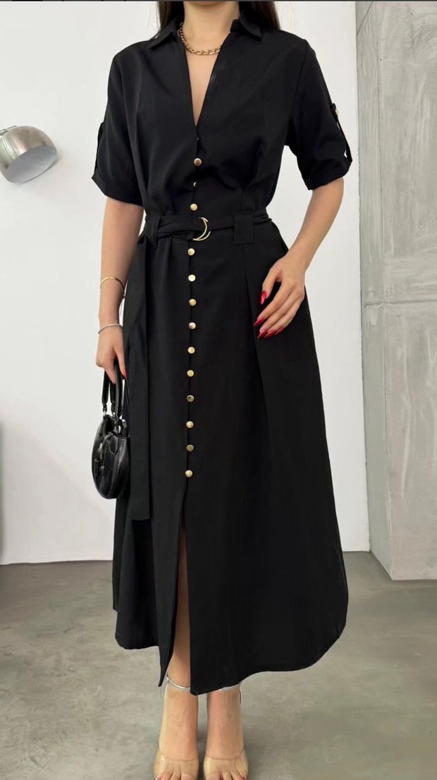 Siyah Kuşaklı Uzun Kadın Elbise - Görsel 2