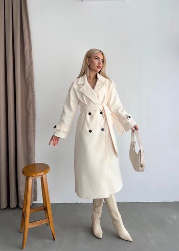 Kadın Beyaz Süet Uzun Kesim kaşe kaban - Görsel 4