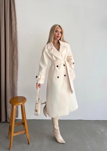 Kadın Beyaz Süet Uzun Kesim kaşe kaban - Görsel 2