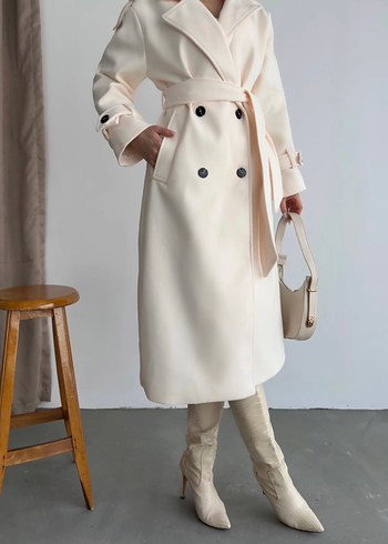 Kadın Beyaz Süet Uzun Kesim kaşe kaban - Görsel 3