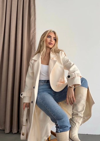 Kadın Beyaz Süet Uzun Kesim kaşe kaban - Görsel 8
