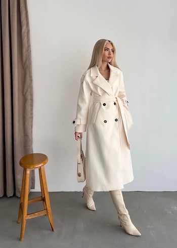 Kadın Beyaz Süet Uzun Kesim kaşe kaban - Görsel 5