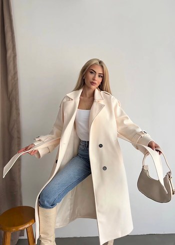 Kadın Beyaz Süet Uzun Kesim kaşe kaban - Görsel 7