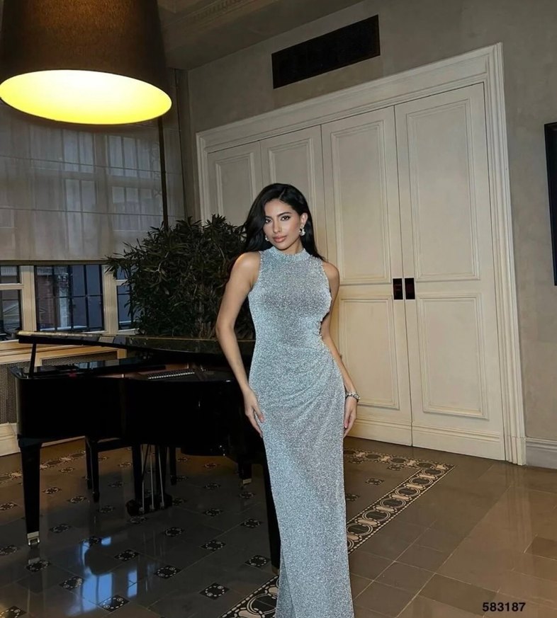 Gri taş detaylı Uzun Abiye Elbise - Görsel 3