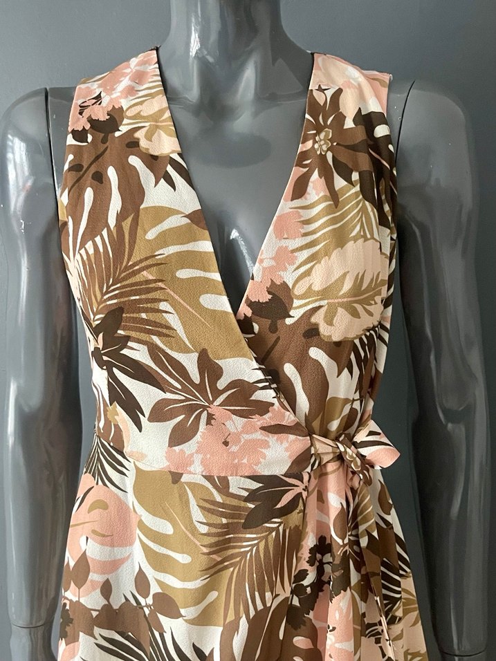 Bej Desenli V Yaka Kolsuz Mini Elbise - Görsel 2