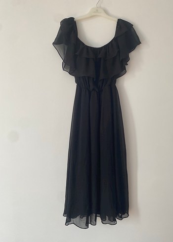 Siyah Uzun Kollarsız Fırfırlı Elbise - Görsel 2