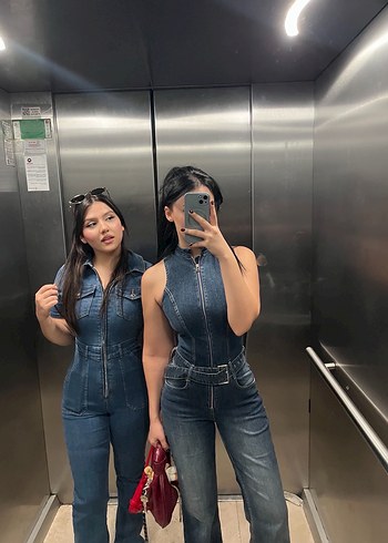 Kadın Lacivert Kemerli Denim Tulum - Görsel 3