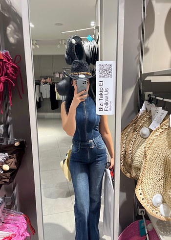 Kadın Lacivert Kemerli Denim Tulum - Görsel 4