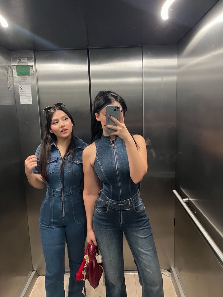 Kadın Lacivert Kemerli Denim Tulum - Görsel 3