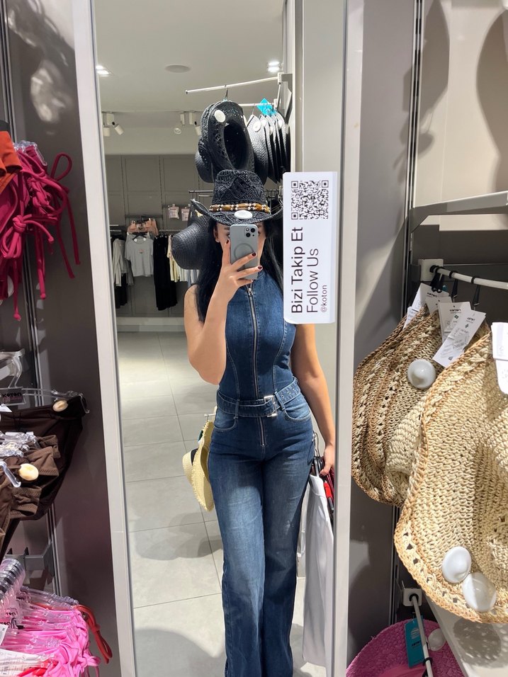 Kadın Lacivert Kemerli Denim Tulum - Görsel 4