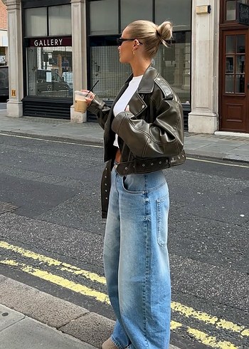 Zara haki Deri Kemerli Biker Ceket - Görsel 2