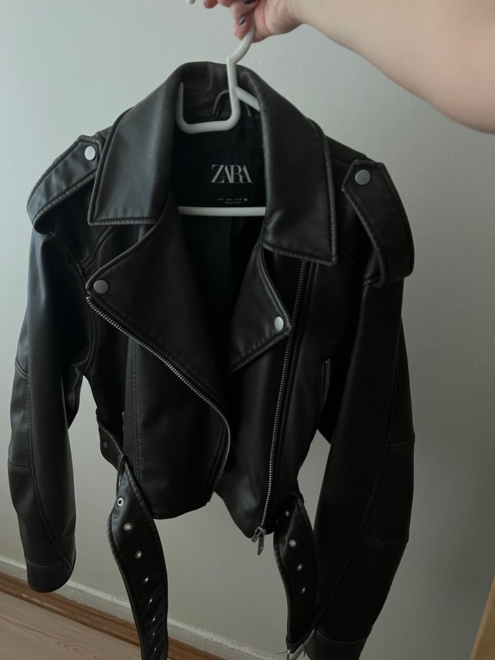 Zara haki Deri Kemerli Biker Ceket - Görsel 3