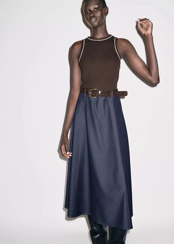 Zara Kahverengi Kemerli Kadın Uzun kot kombine  Elbise - Görsel 2