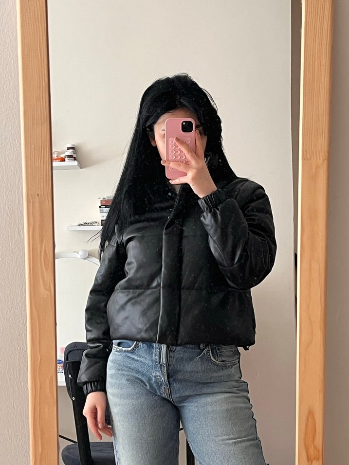 Düğmeli Siyah Deri Kadın Ceket - Görsel 2