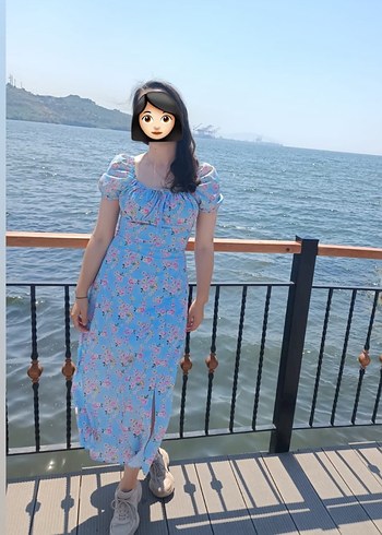Diğer Mavi Çiçekli Bohem Uzun Elbise