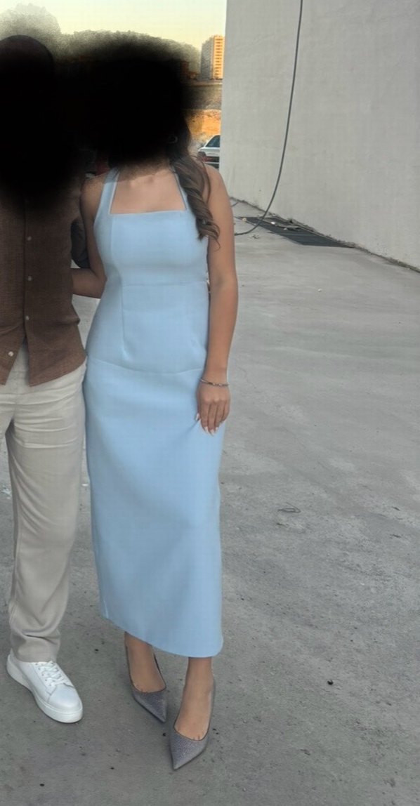 Şeffaf Mavi Uzun Straplez Kadın Elbise - Görsel 2