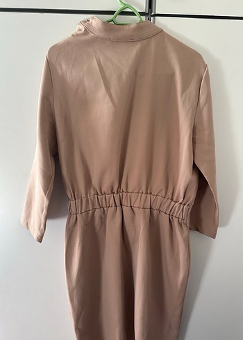 Düğmeli Bej Midi ofis Elbise - Görsel 6