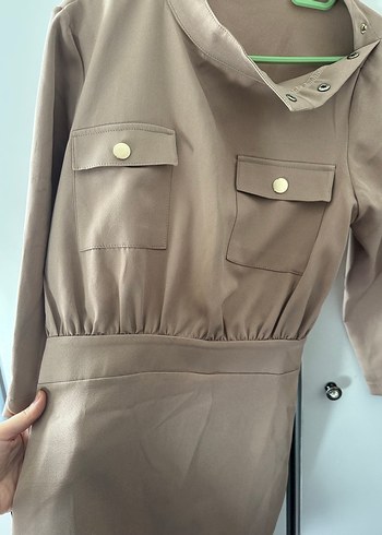 Düğmeli Bej Midi ofis Elbise - Görsel 5
