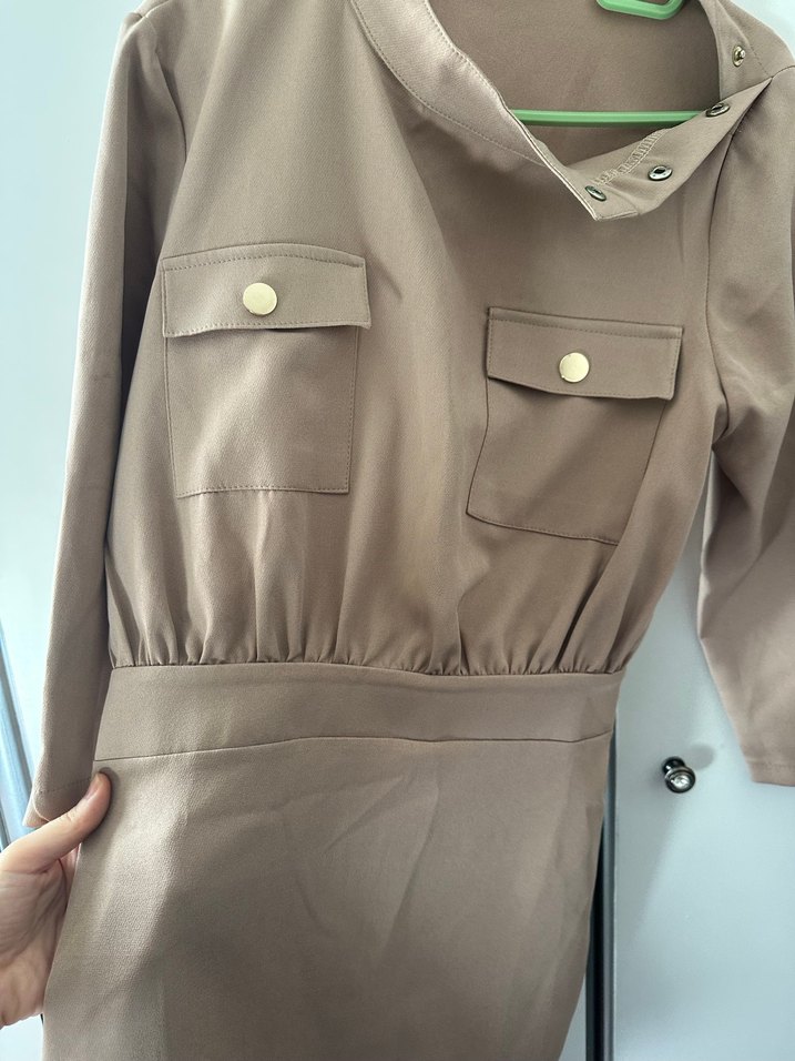 Düğmeli Bej Midi ofis Elbise - Görsel 5