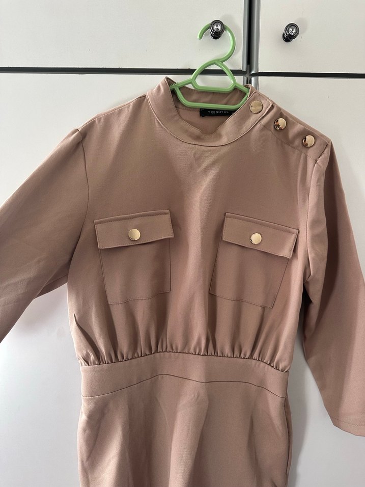 Düğmeli Bej Midi ofis Elbise - Görsel 2