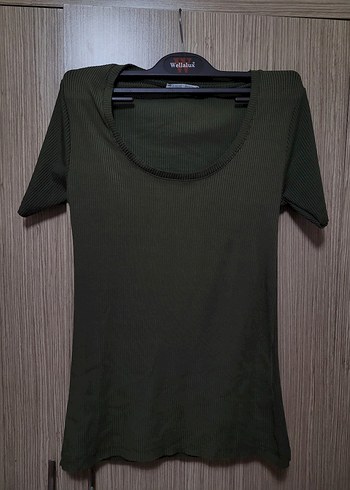 Kadın Haki Kısa Kollu Fitted Tişört