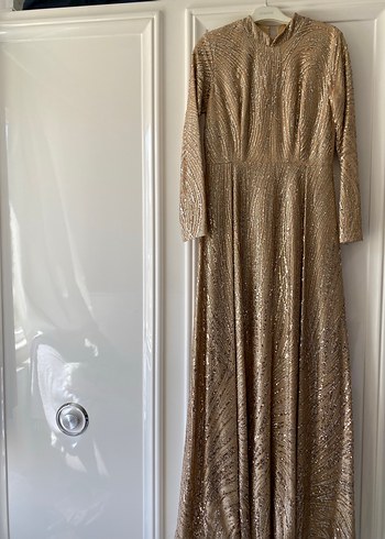 Bej Uzun Kollu Parlak Abiye Elbise - Görsel 4