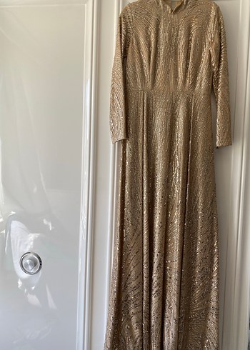 Bej Uzun Kollu Parlak Abiye Elbise - Görsel 3