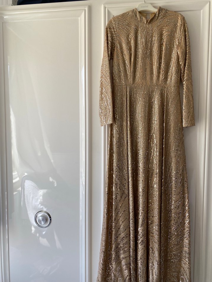 Bej Uzun Kollu Parlak Abiye Elbise - Görsel 4