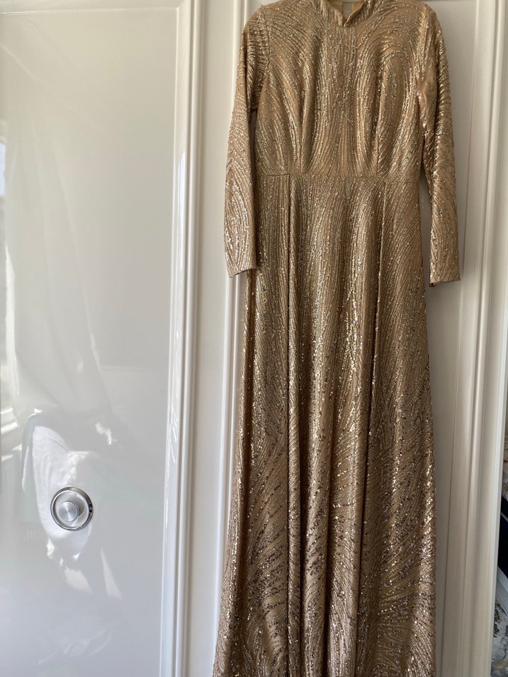 Bej Uzun Kollu Parlak Abiye Elbise - Görsel 3