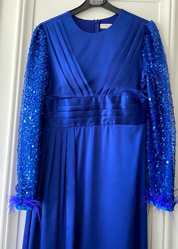 Parlak Mavi Uzun Kollu Kadın Abiye Elbise - Görsel 2