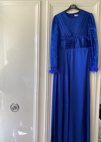 Parlak Mavi Uzun Kollu Kadın Abiye Elbise - Görsel 3