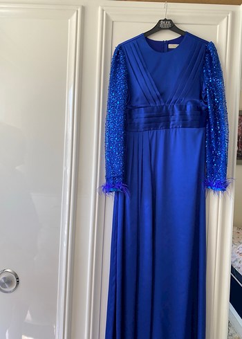 Parlak Mavi Uzun Kollu Kadın Abiye Elbise - Görsel 4